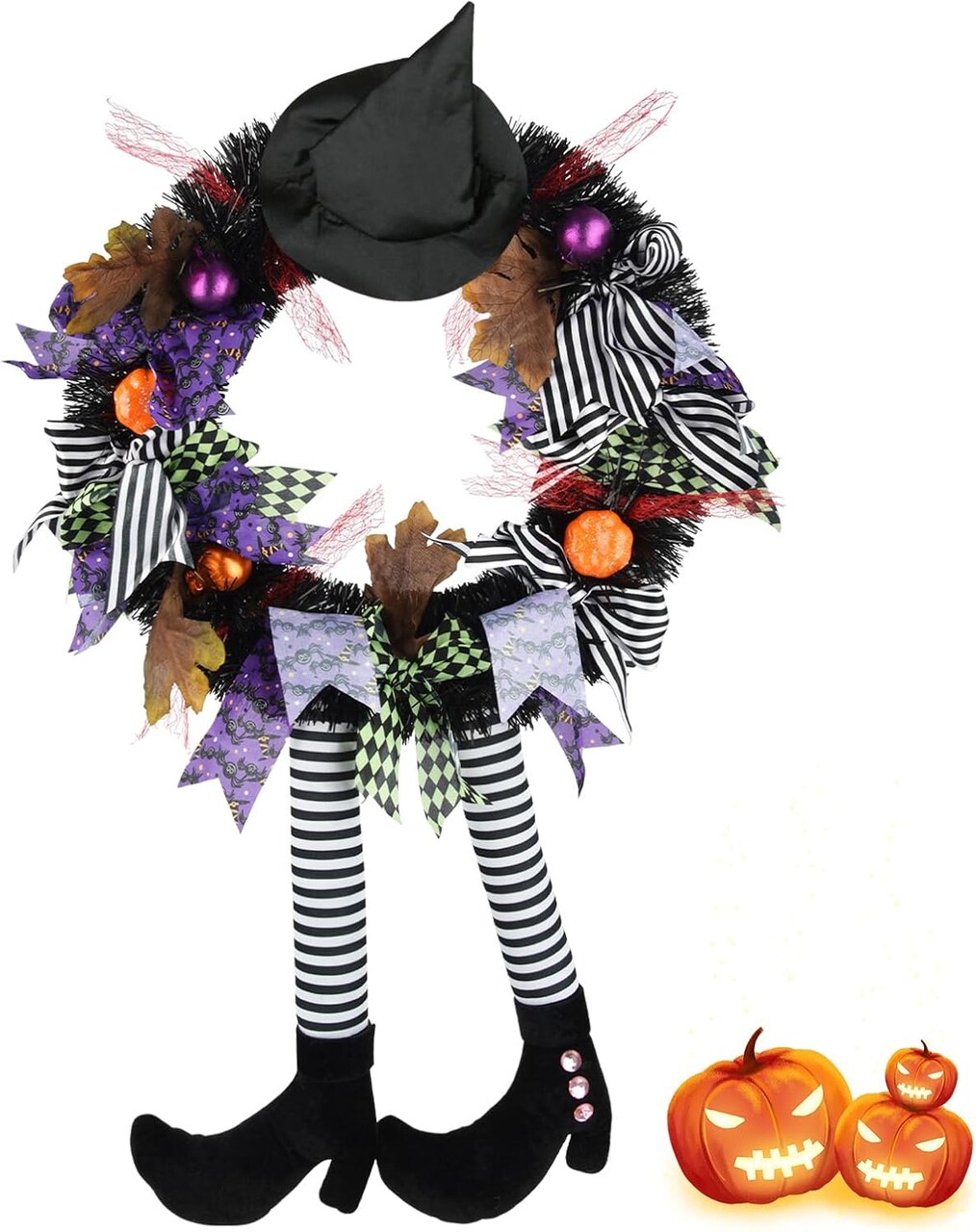 24 Inch Halloween Witch Wreath for Front Door – Witch Hat & Legs Halloween Door Wreath with Pumpkins and Bows, Indoor Outdoor Halloween Decorations for Porch, Window, Wall & Mantel